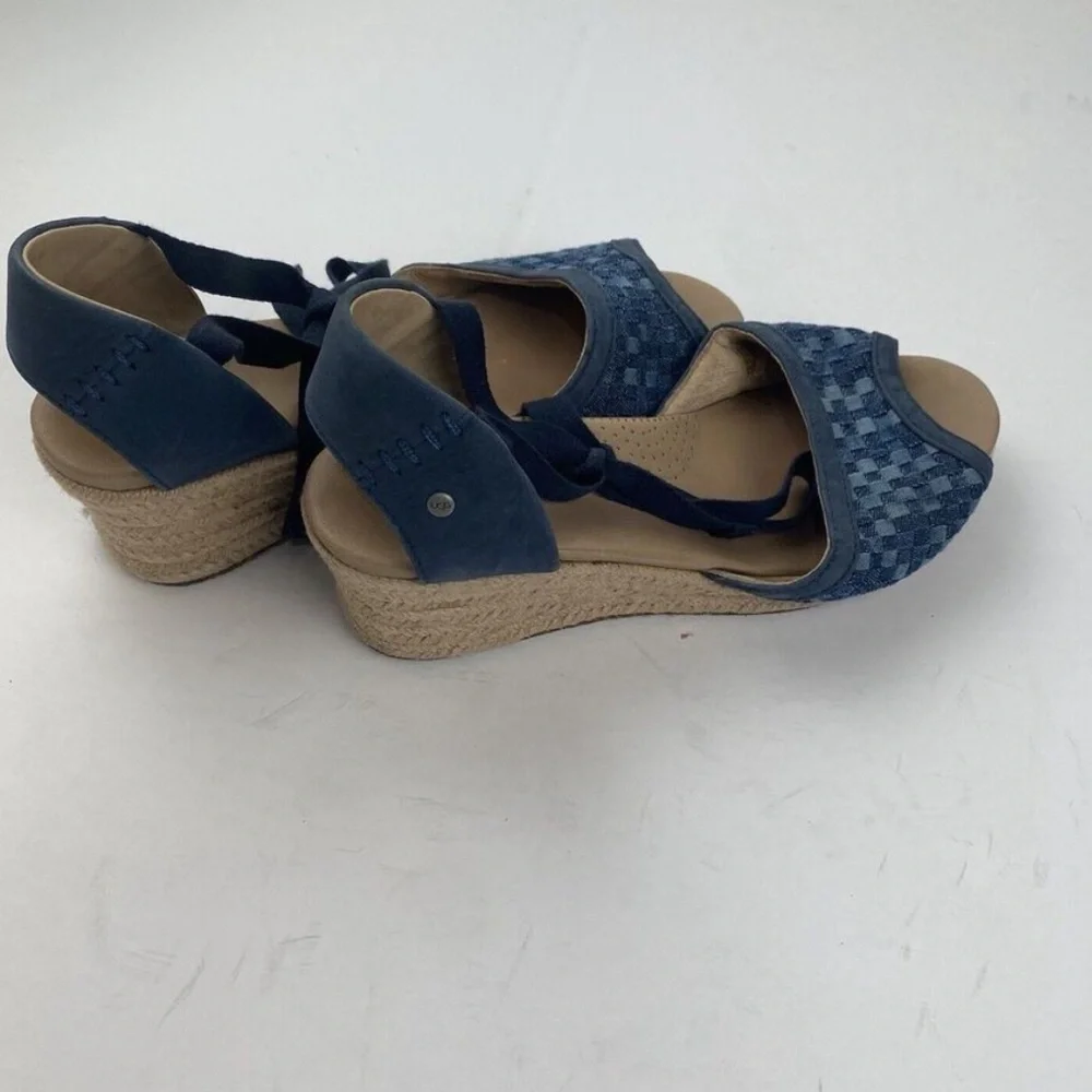 UGG Delmar Woven Patchwork Denim Leather Wedge Ankle Tie Sandals NWOT 8.5*Spots*